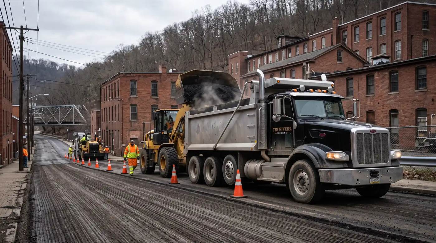 A Tri-Rivers tri-axle on a paving job in the Mon Valley