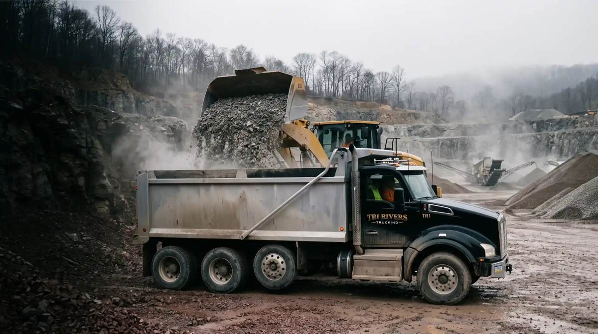 A Tri-Rivers tri-axle loading at a quarry