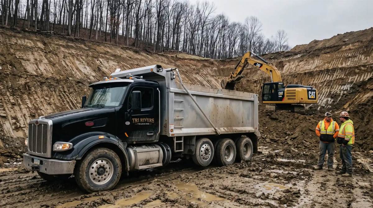 A Tri-Rivers tri-axle on a job in the Mon Valley