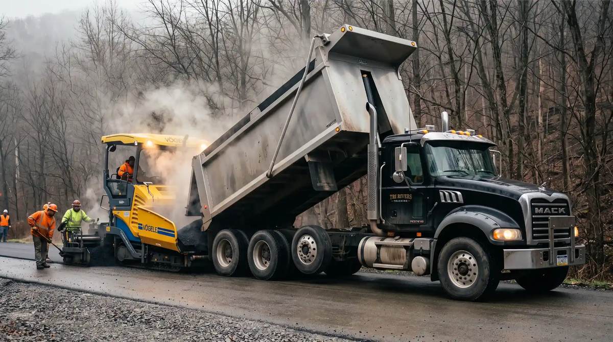 Hot mix discharging into a paver