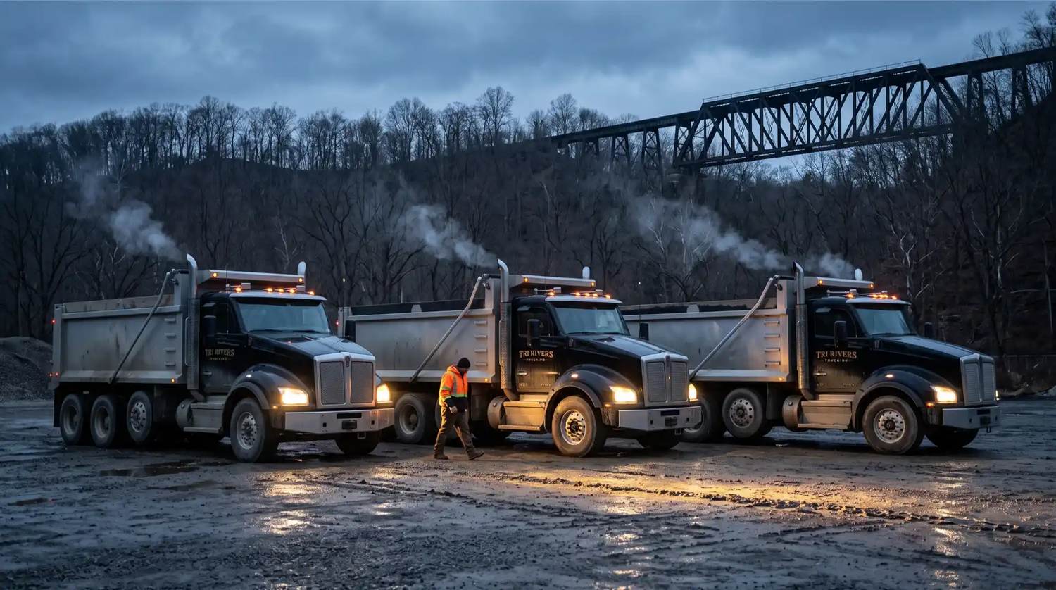 Tri-Rivers tri-axles in the yard before first light