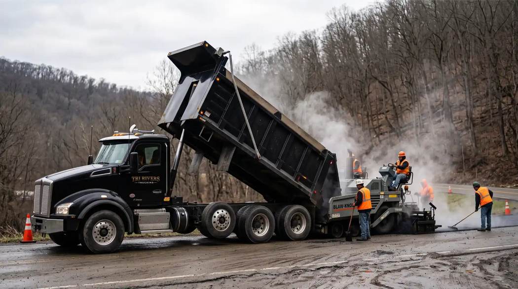 Hot mix discharging into a paver