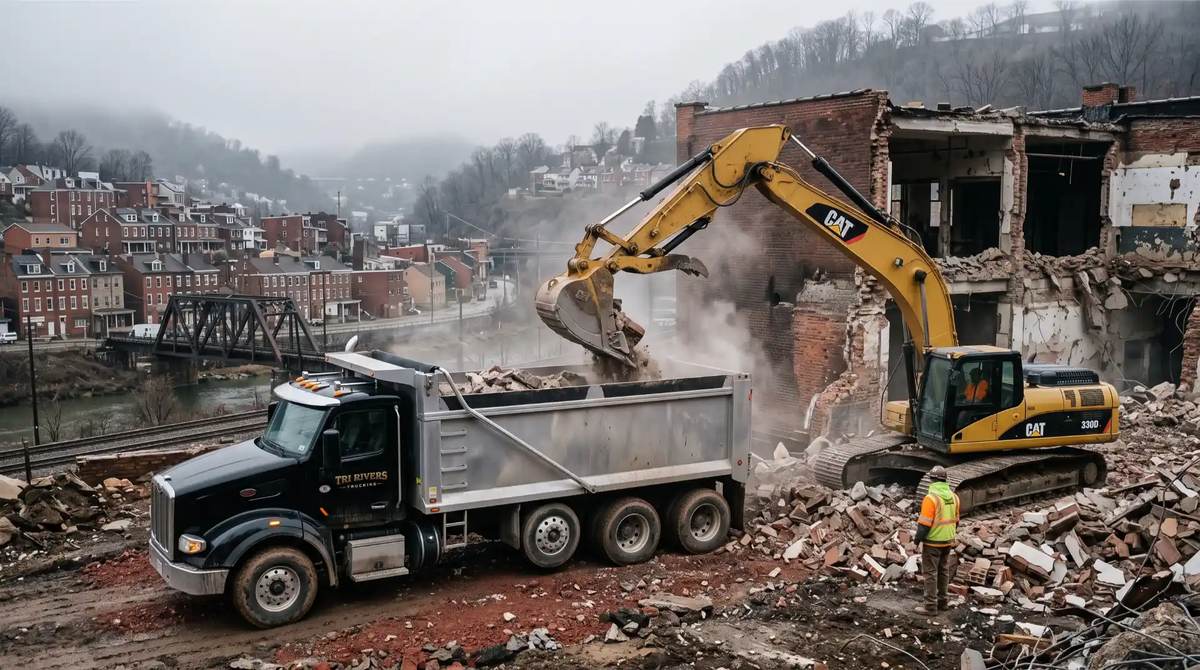 Loading demolition debris in a Mon Valley street