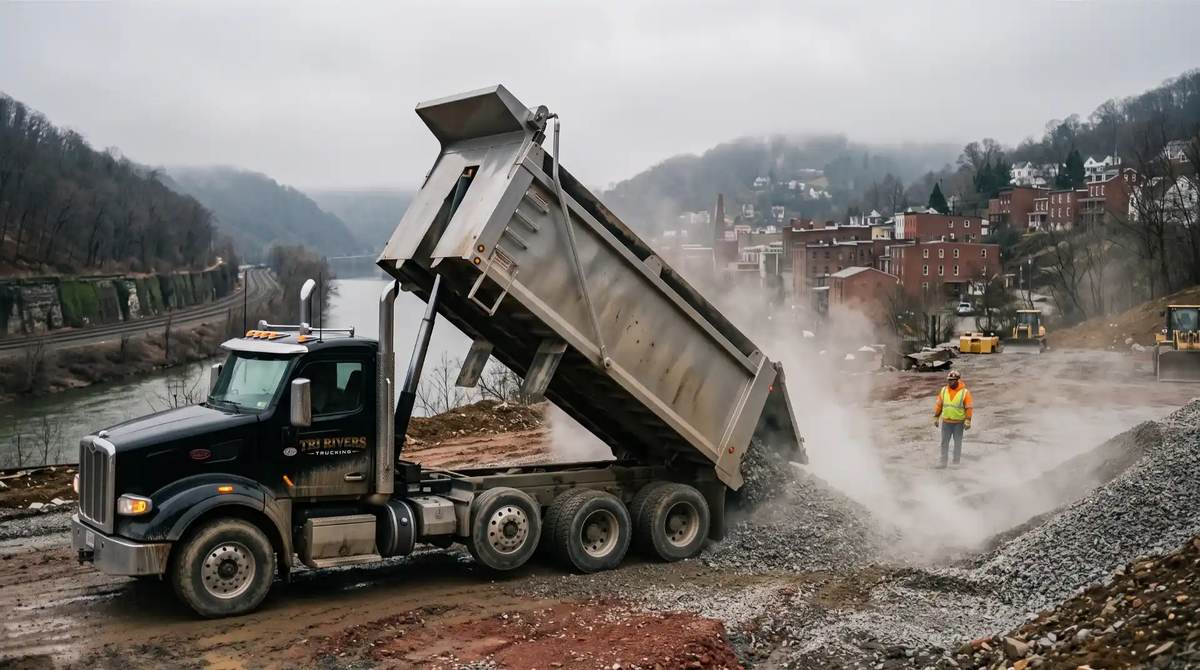 A Tri-Rivers Trucking tri-axle discharging a load
